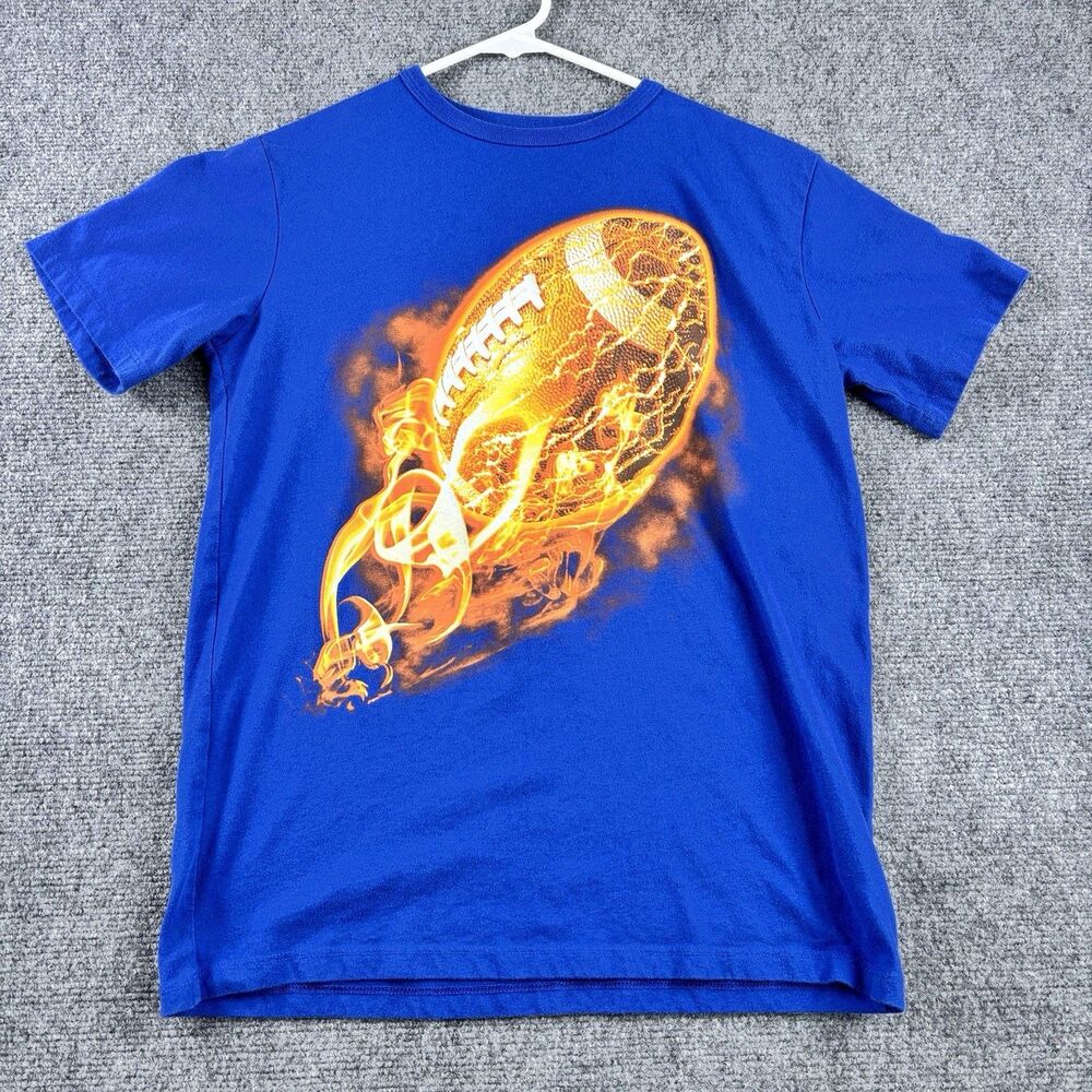 Flaming Football T-Shirt Youth L Royal Blue Orange Fire Graphic
